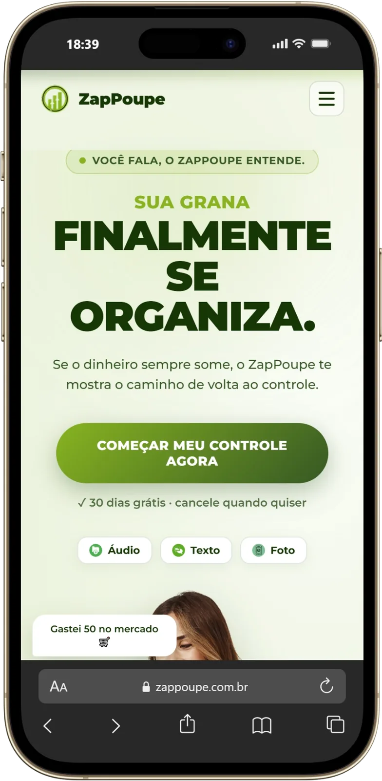 Mockup do aplicativo ZapPoupe mostrando a tela inicial no celular